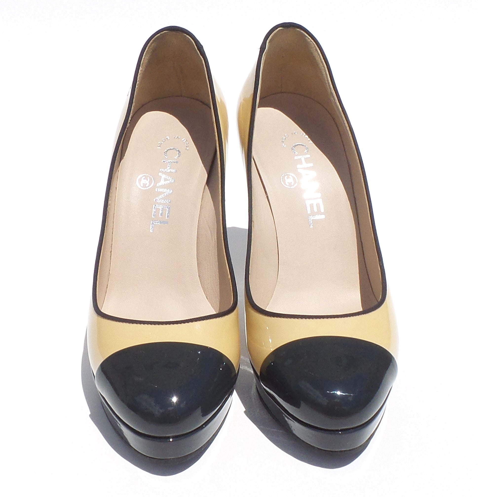 CHANEL Beige Black Navy Patent Leather 