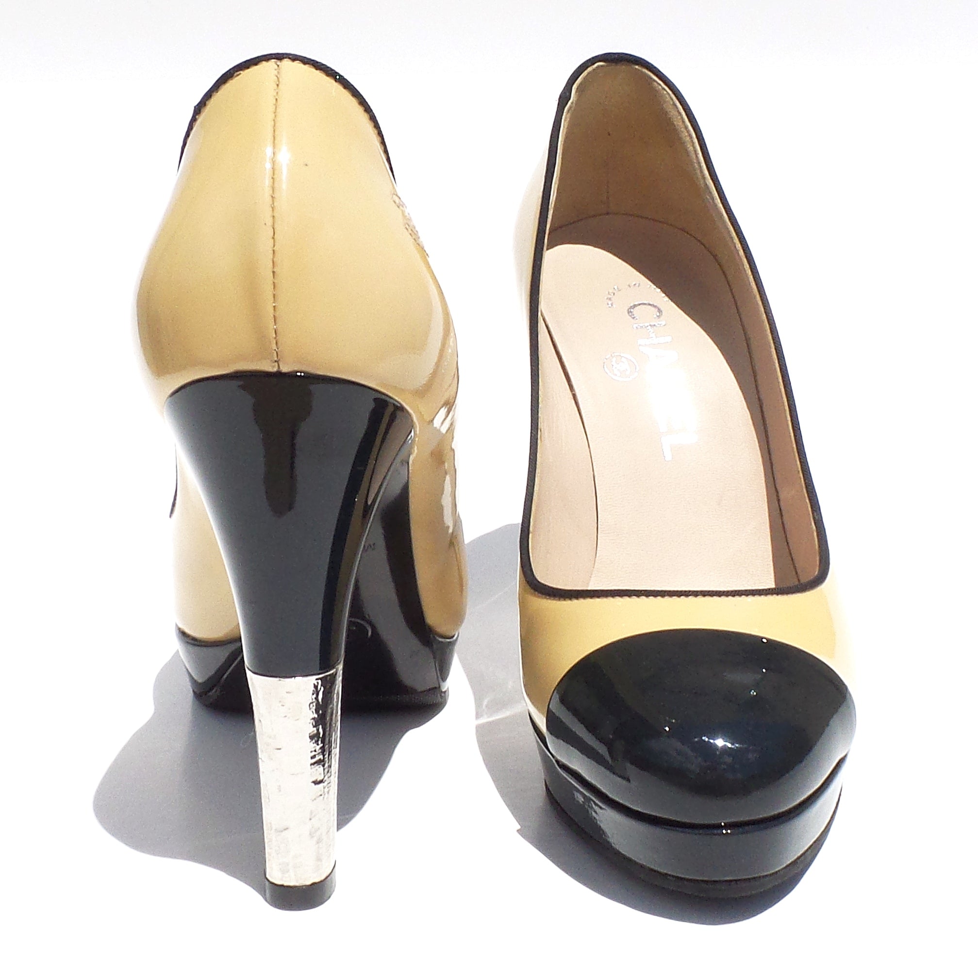 CHANEL Beige Black Navy Patent Leather 