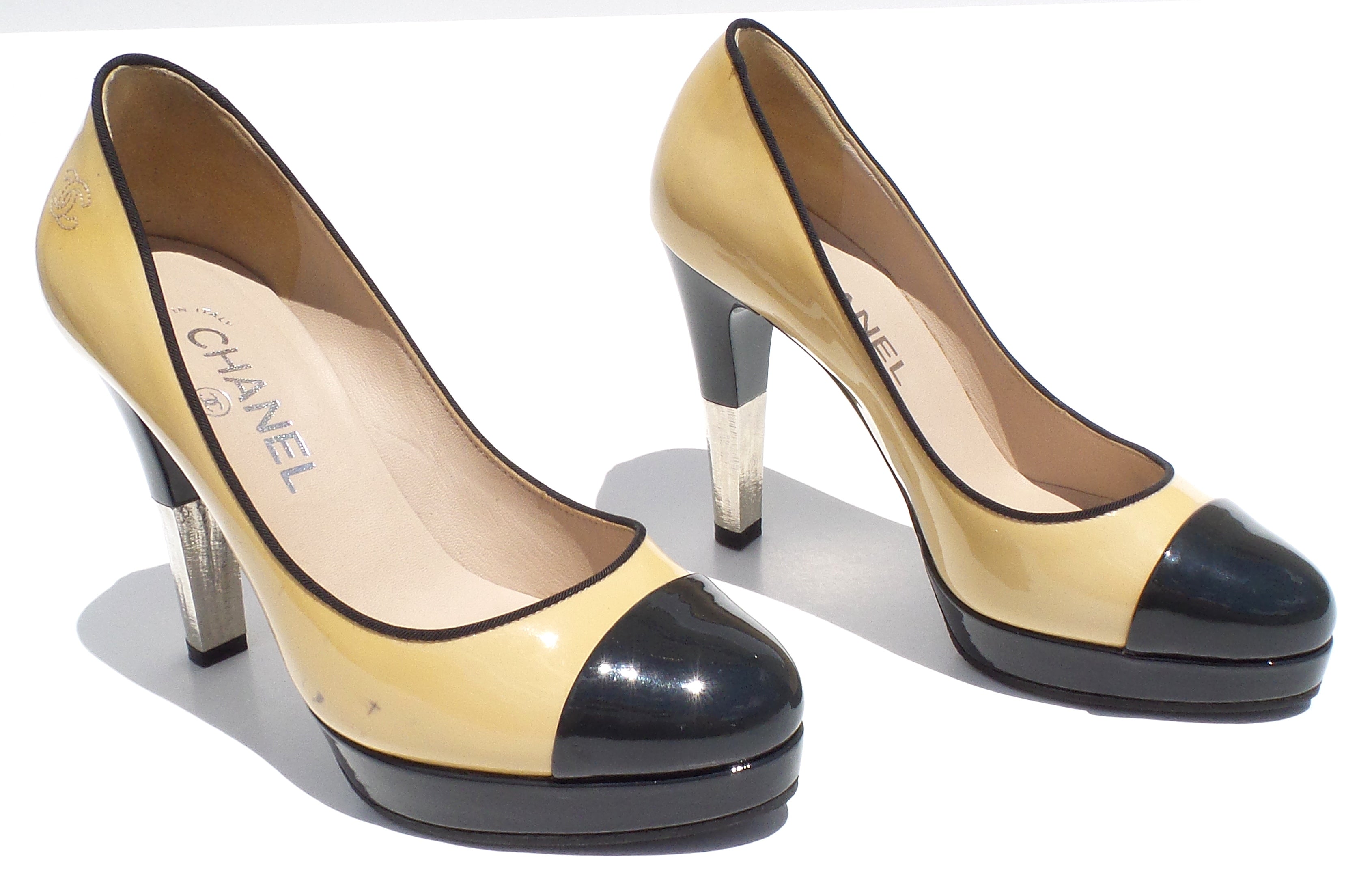 CHANEL Beige Black Navy Patent Leather 