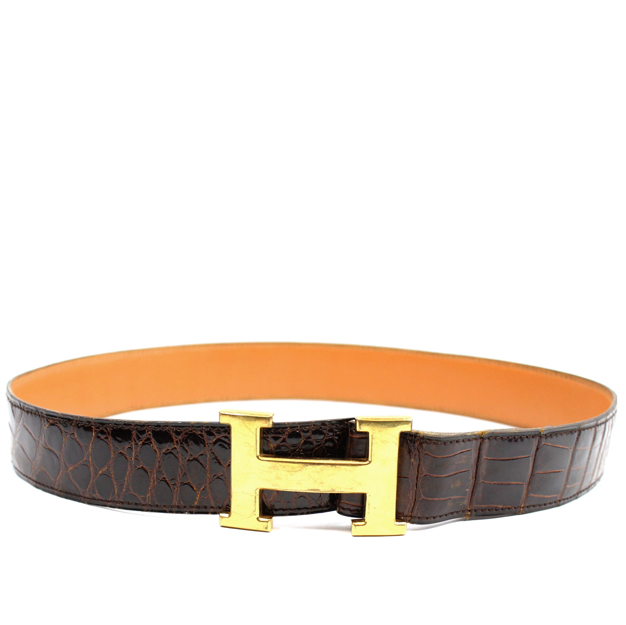 Hermes Brown Crocodile Belt w/ Gold H 