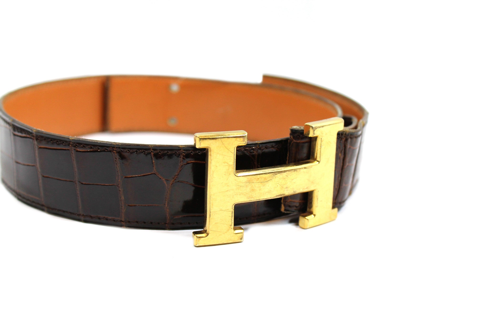 Hermes Brown Crocodile Belt w/ Gold H 