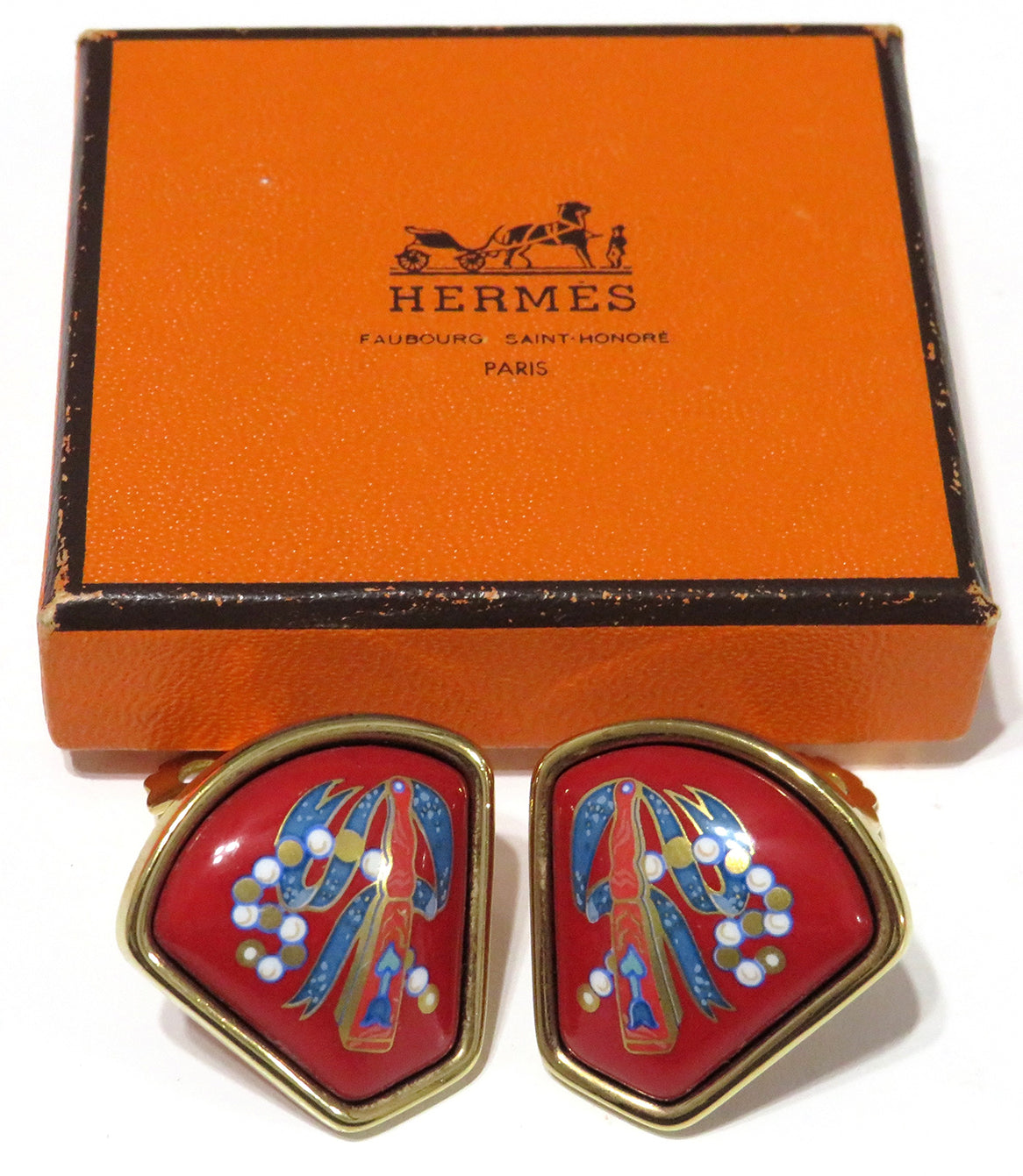 HERMES Vintage Cloisonné Red Blue White Enamel Gold Plated Clip On Earrings 80's