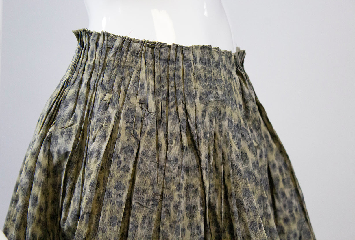 PRADA Beige Tan Black Cheetah Leopard Print Pleated Waist Poly Silk Skirt IT 42