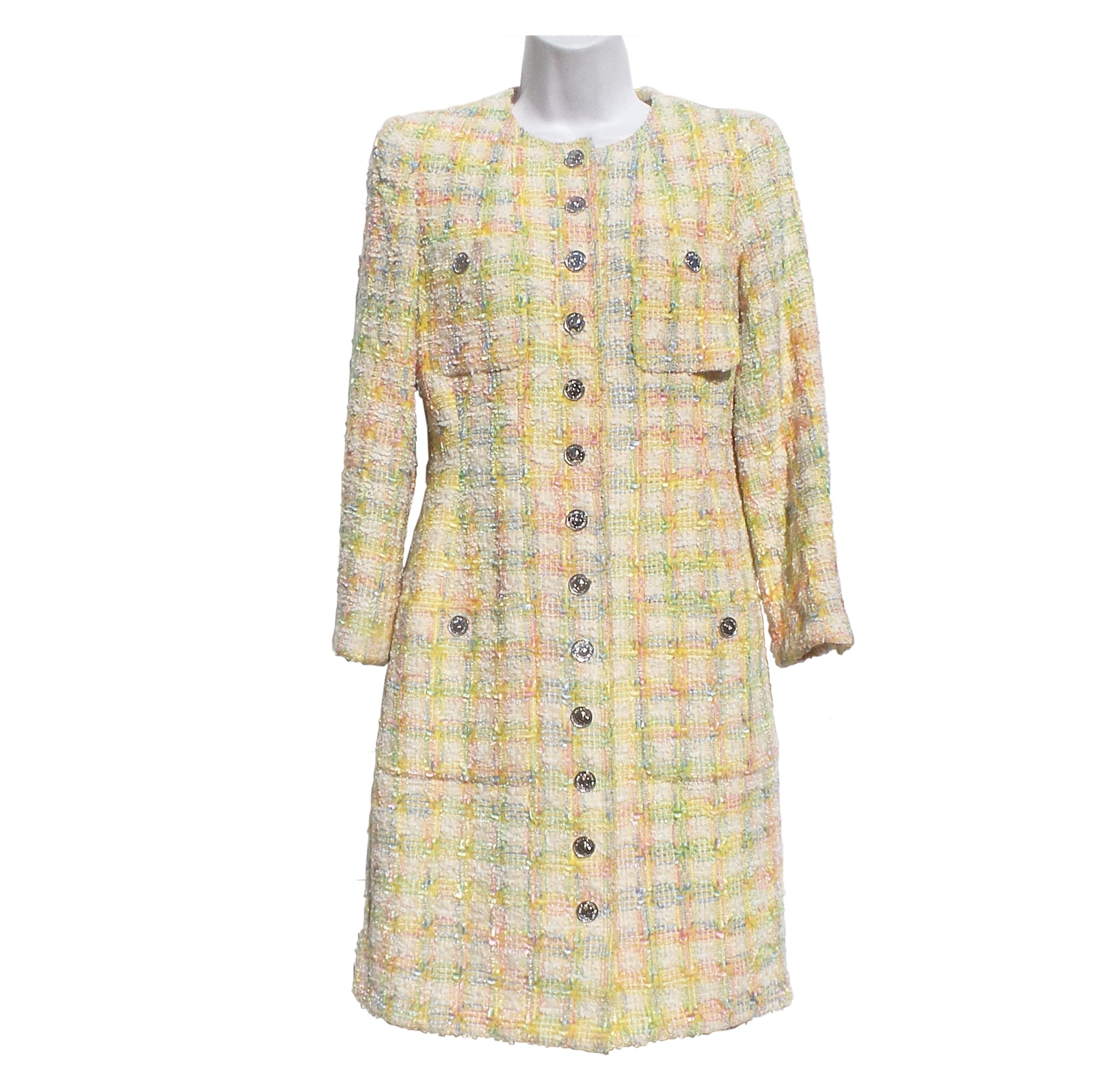 'Sold' CHANEL 96P Yellow Pink Purple Tweed Silver CC Button Coat Jacke ...