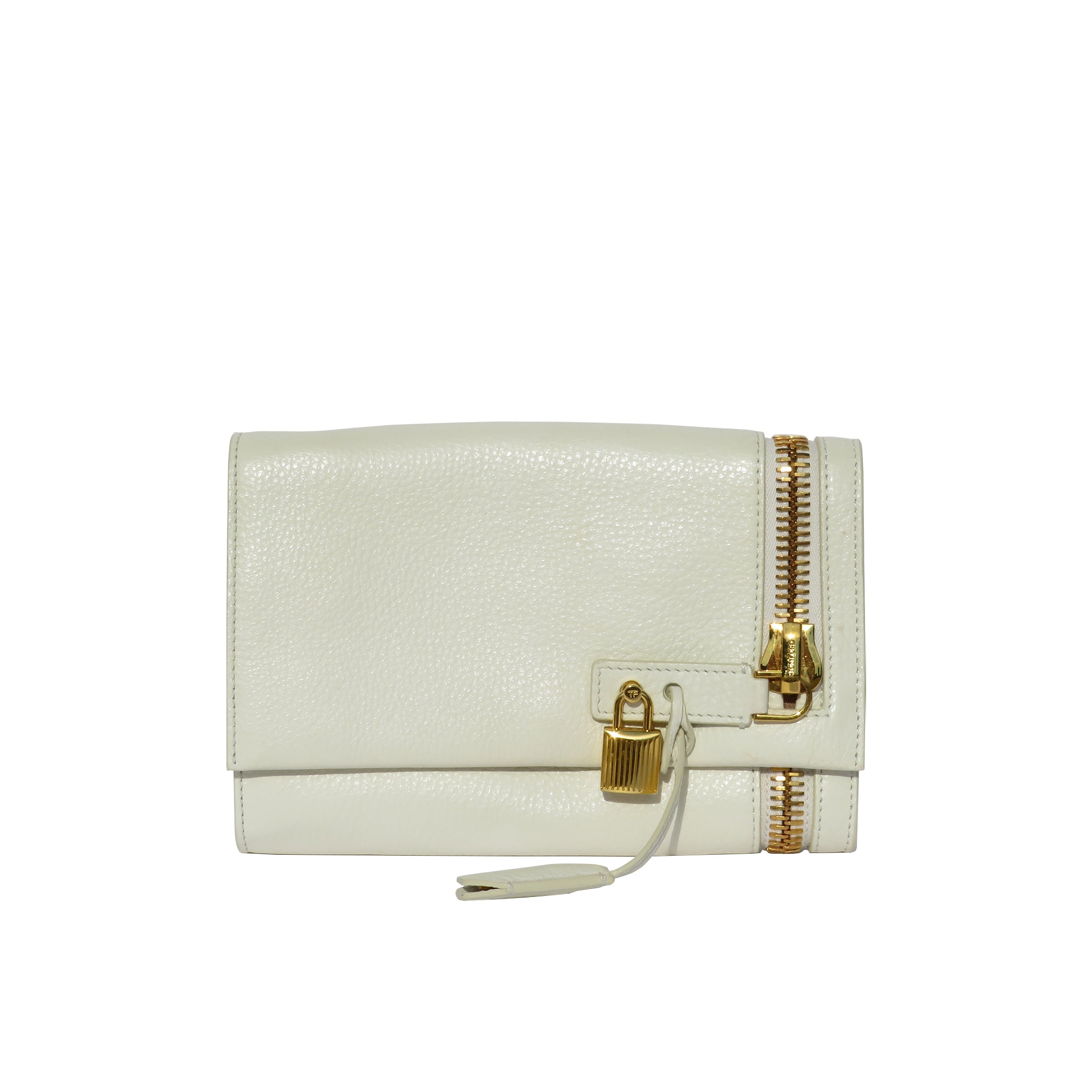 Sold' TOM FORD Ivory Creme Grained Leather Oversized Gold Zip Lock Al –  Encore 