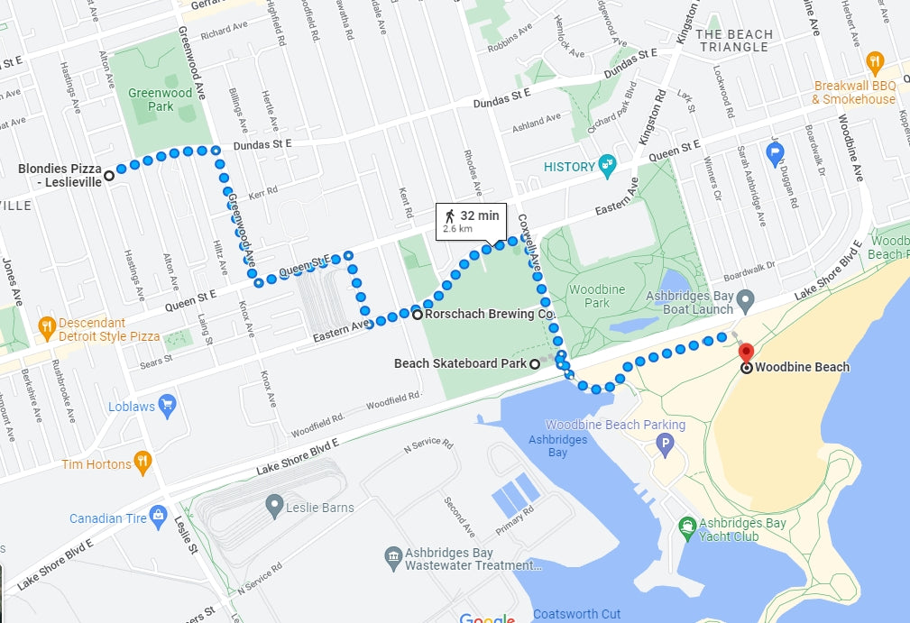 Google Map showing the walking route from Blondie's Pizza to Rorschach Brewery to Beach Skateboard Park and ending at Woodbine Beach. 