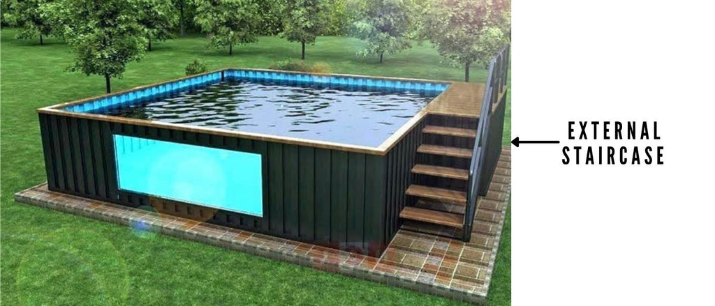 Shipping container pool external staircase