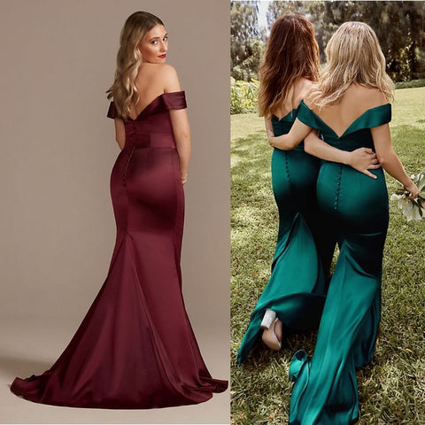  Tall Satin Off-Shoulder Mermaid Bridesmaid Dress