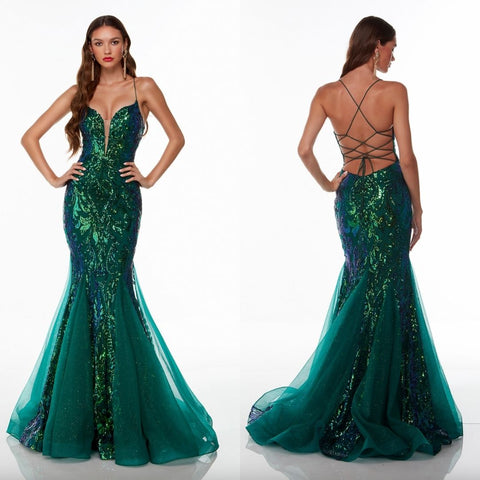 Emerald Green Sequin-Print Long Mermaid Prom Dress