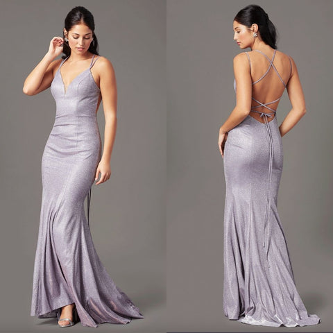 Long Glitter-Knit V-Neck Prom Dress by PromGirl