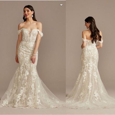 Embellished Lace Swag Sleeve Wedding Dress