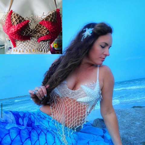 There was a mermaid tail… now it time for a mermaid bra top 🐚🧜‍♀️👙🌊🐚  It is a bandeau swim top with the ties in the back. Front shaped like…