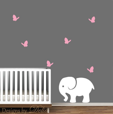 Baby Nursery Wall Decal With Cute Butterflies And Elephant