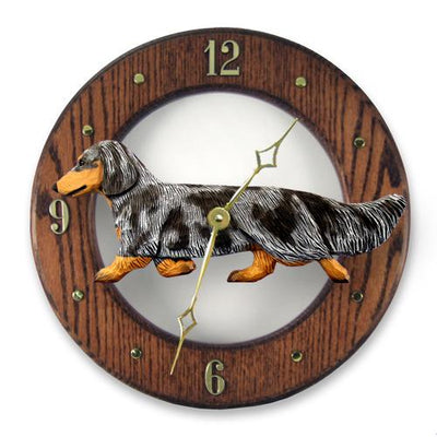 Dachshund Long Hair Dog Dark Oak Hand Crafted Wall Clock Blue Dapple