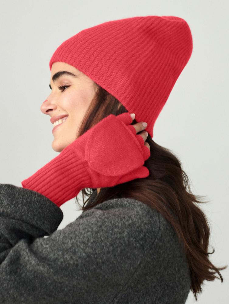 White + Warren - Cashmere Plush Rib Beanie in Candy Red