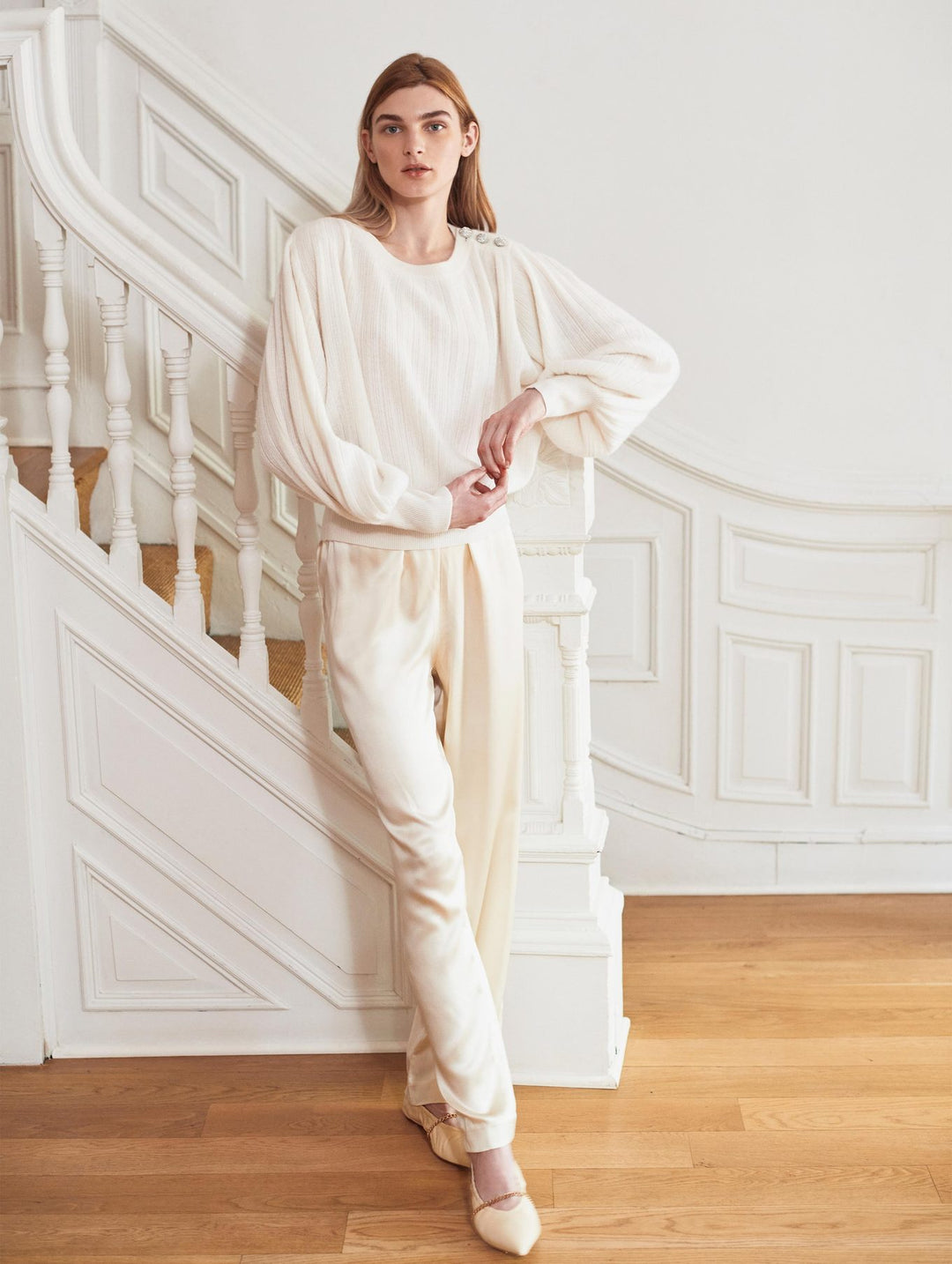 Cashmere Blouson Sleeve V Neck – White + Warren