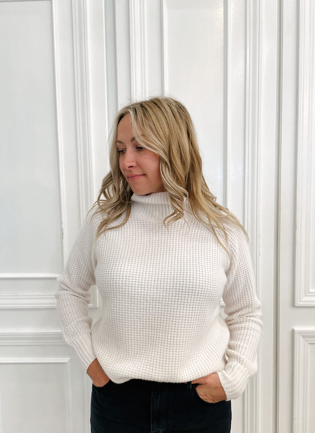 Cashmere Blouson Sleeve V Neck – White + Warren