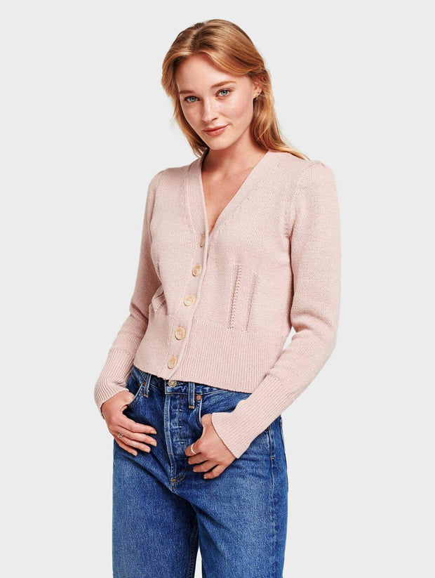 White + Warren - Puff Shoulder Cardigan in Pink Topaz | Blond Genius