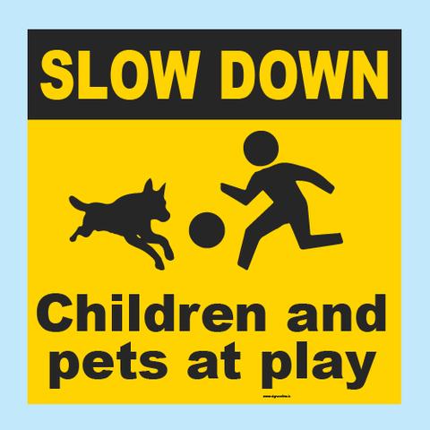Children and Pets at play sign from www.signsonline.ie.  Signs Online have been selling road safety signage onlin since 2015