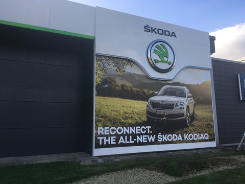 Large external wall graphic installed at Donohoe Skoda by Barrow Signs