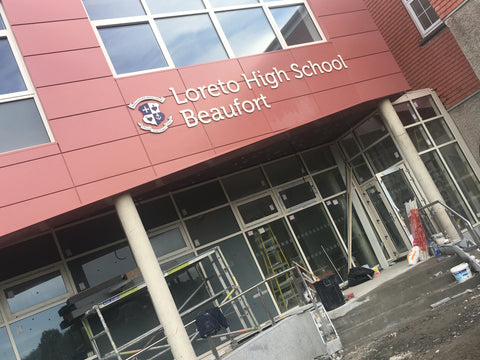 Completed signage at Loreto High School, Dublin by barrowsigns.com. 3d CNC cut lettering, powdercoated and fitted
