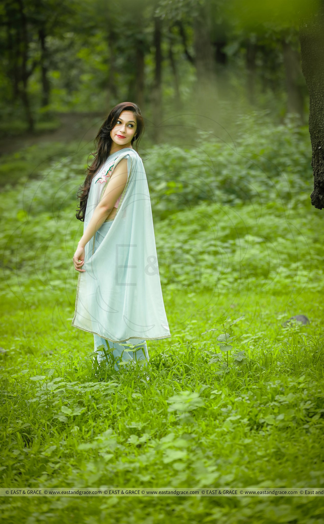 Baby Blue Gala Orchid Twig Pure Silk Chiffon Saree