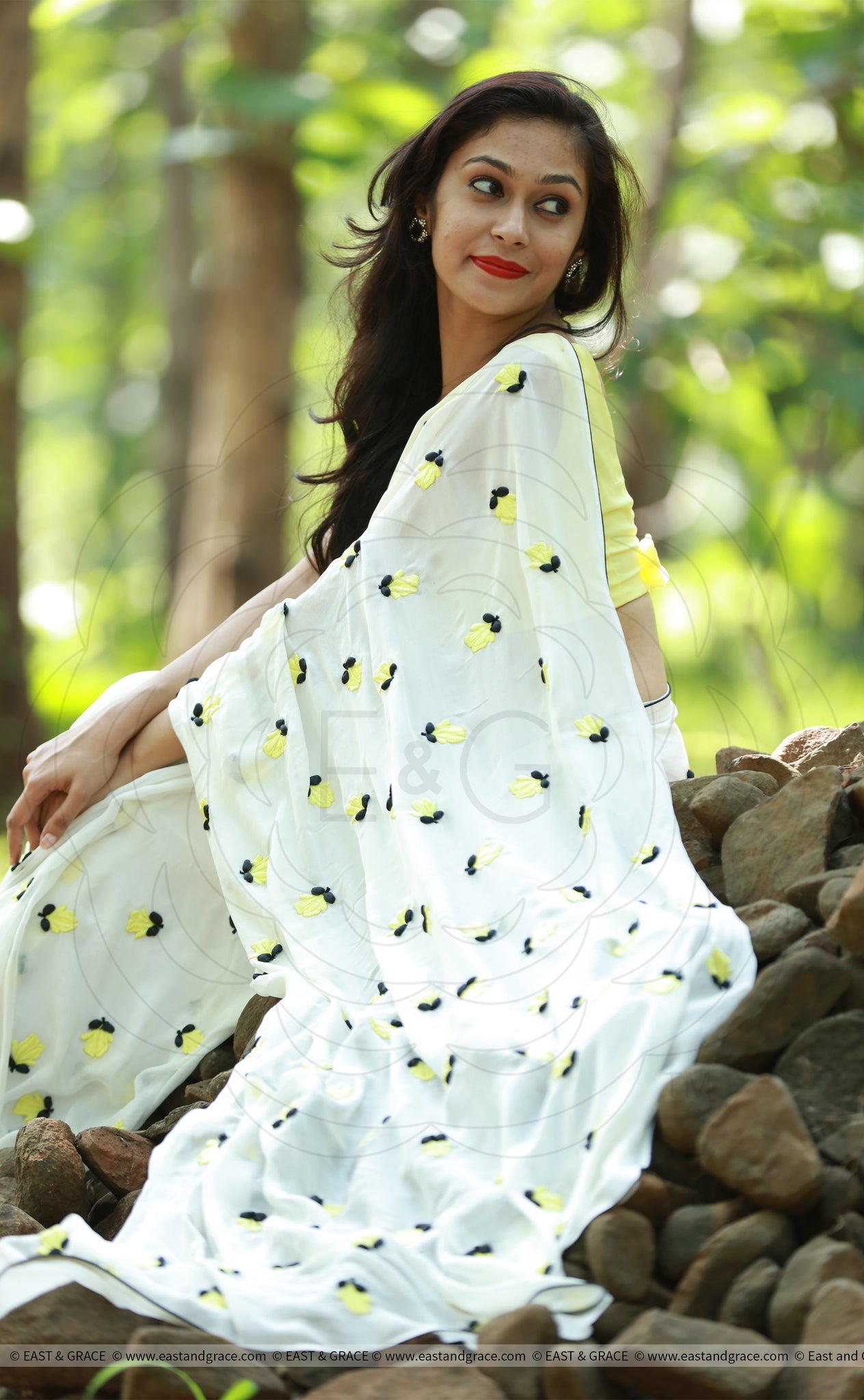 Yellow Crocus on White Pure Silk Chiffon Saree