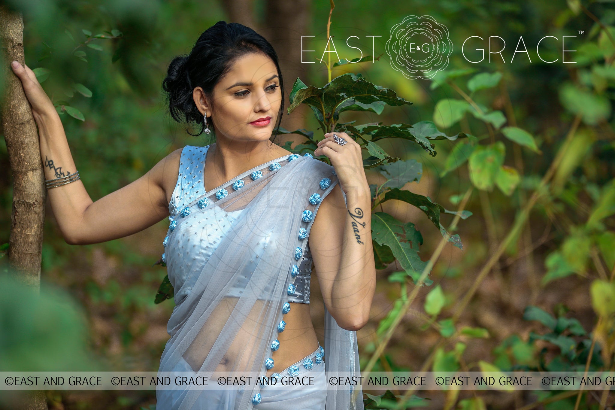 Moonlight Powder Blue Ribbonwork Roses Silk Chiffon and Net Saree