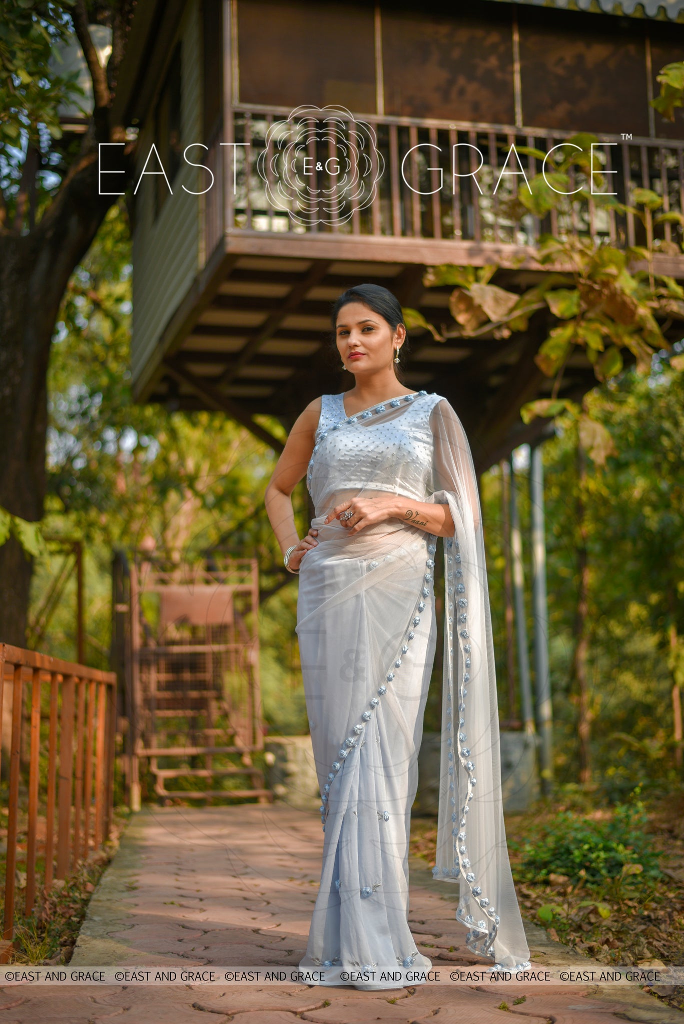 Moonlight Powder Blue Ribbonwork Roses Silk Chiffon and Net Saree