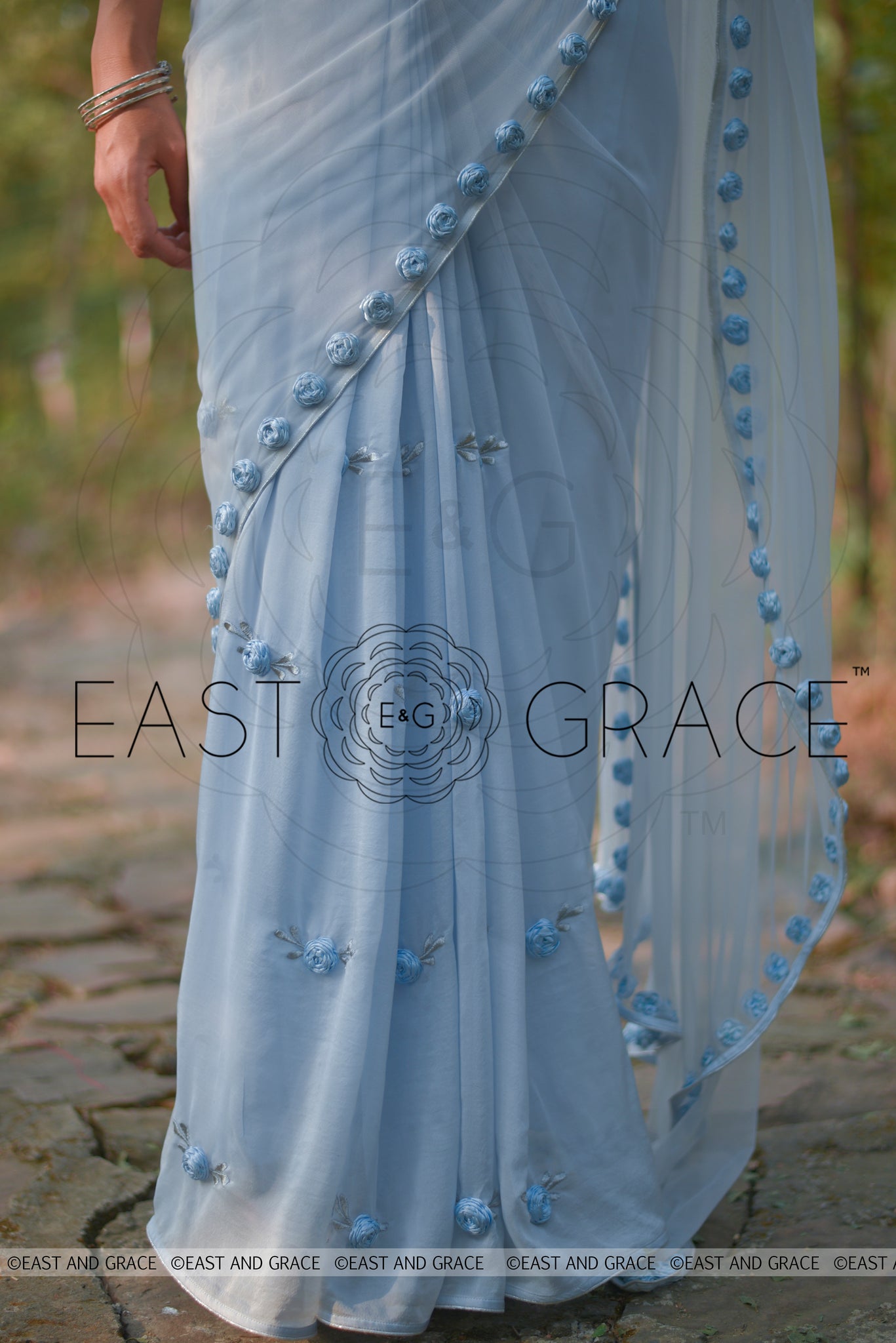 Moonlight Powder Blue Ribbonwork Roses Silk Chiffon and Net Saree