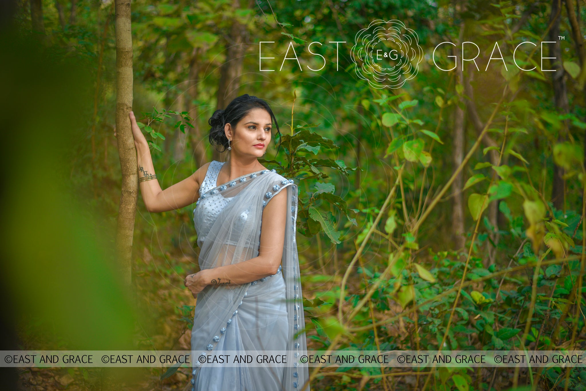 Moonlight Powder Blue Ribbonwork Roses Silk Chiffon and Net Saree