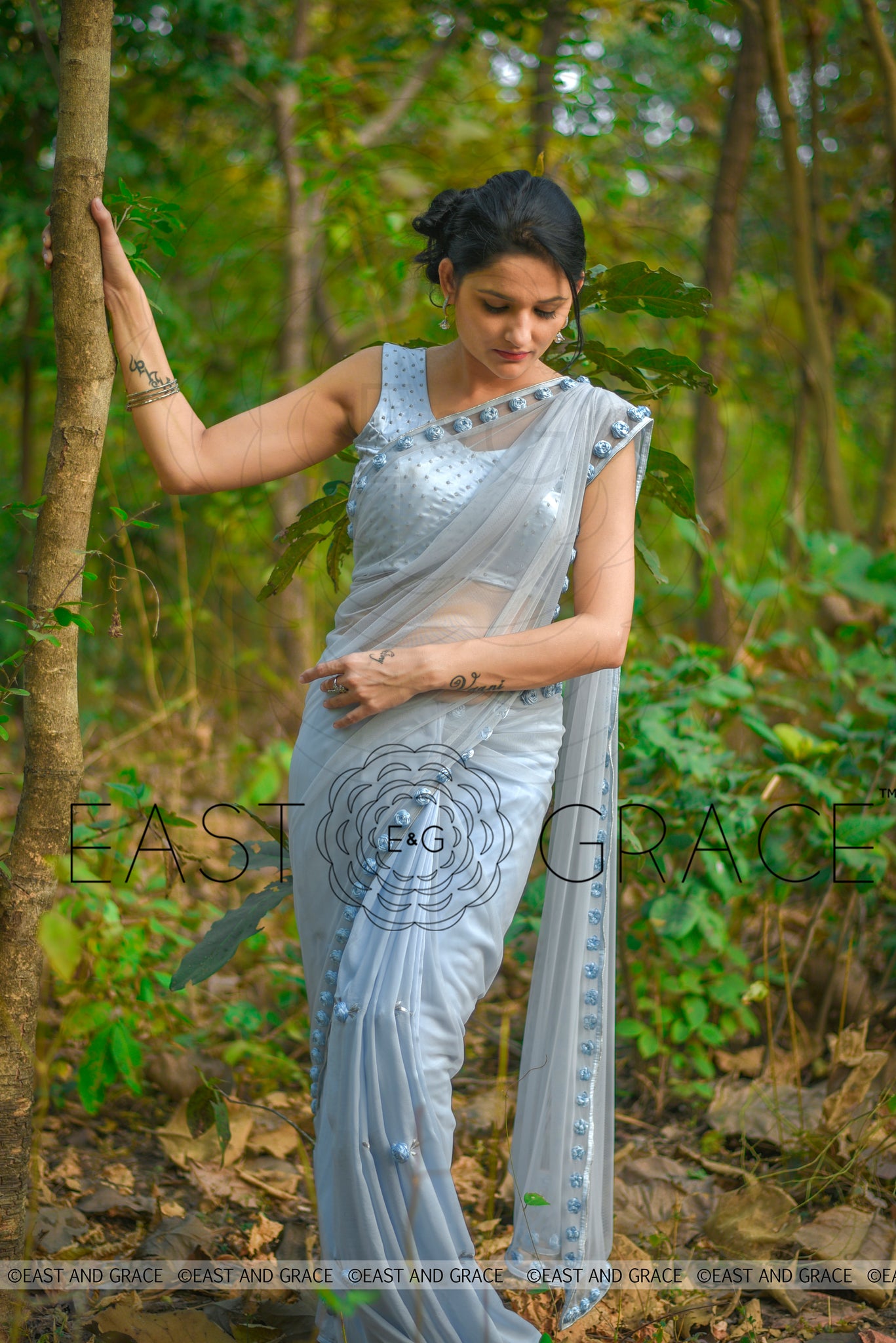 Moonlight Powder Blue Ribbonwork Roses Silk Chiffon and Net Saree