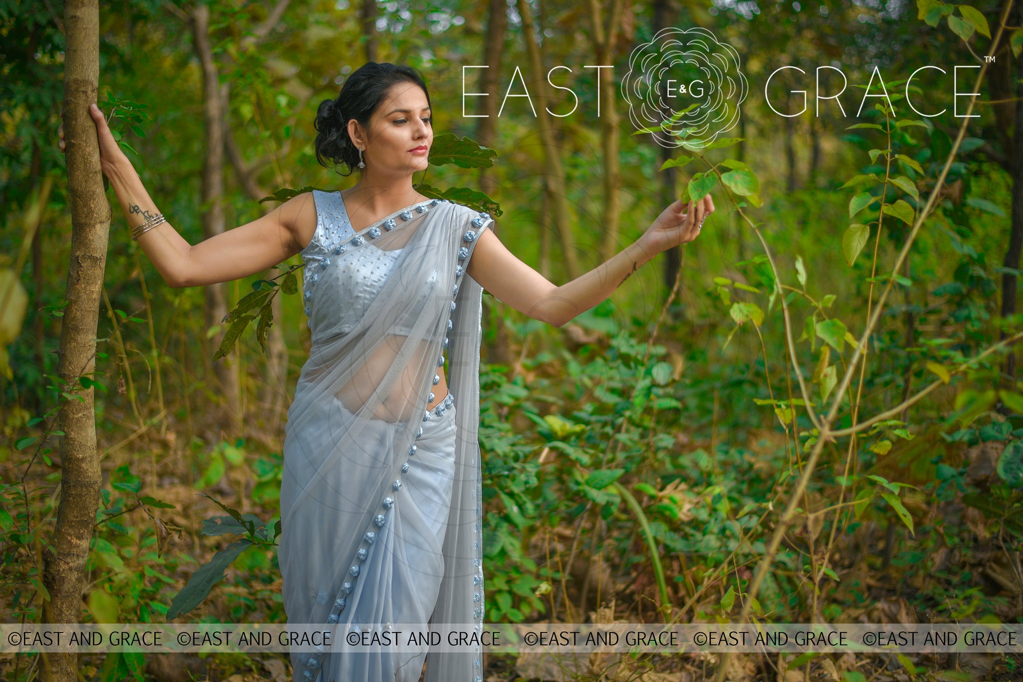 Moonlight Powder Blue Ribbonwork Roses Silk Chiffon and Net Saree