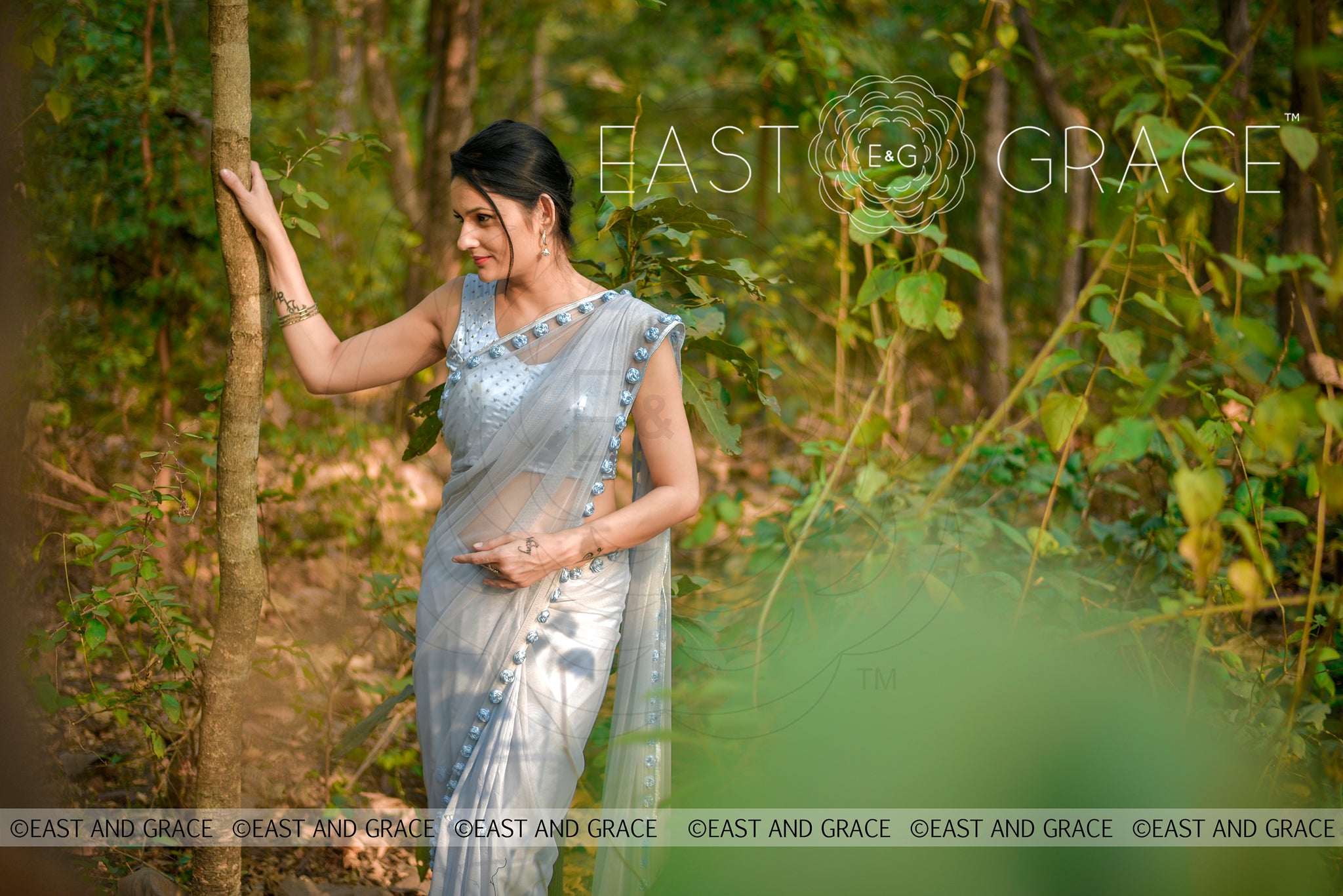 Moonlight Powder Blue Ribbonwork Roses Silk Chiffon and Net Saree