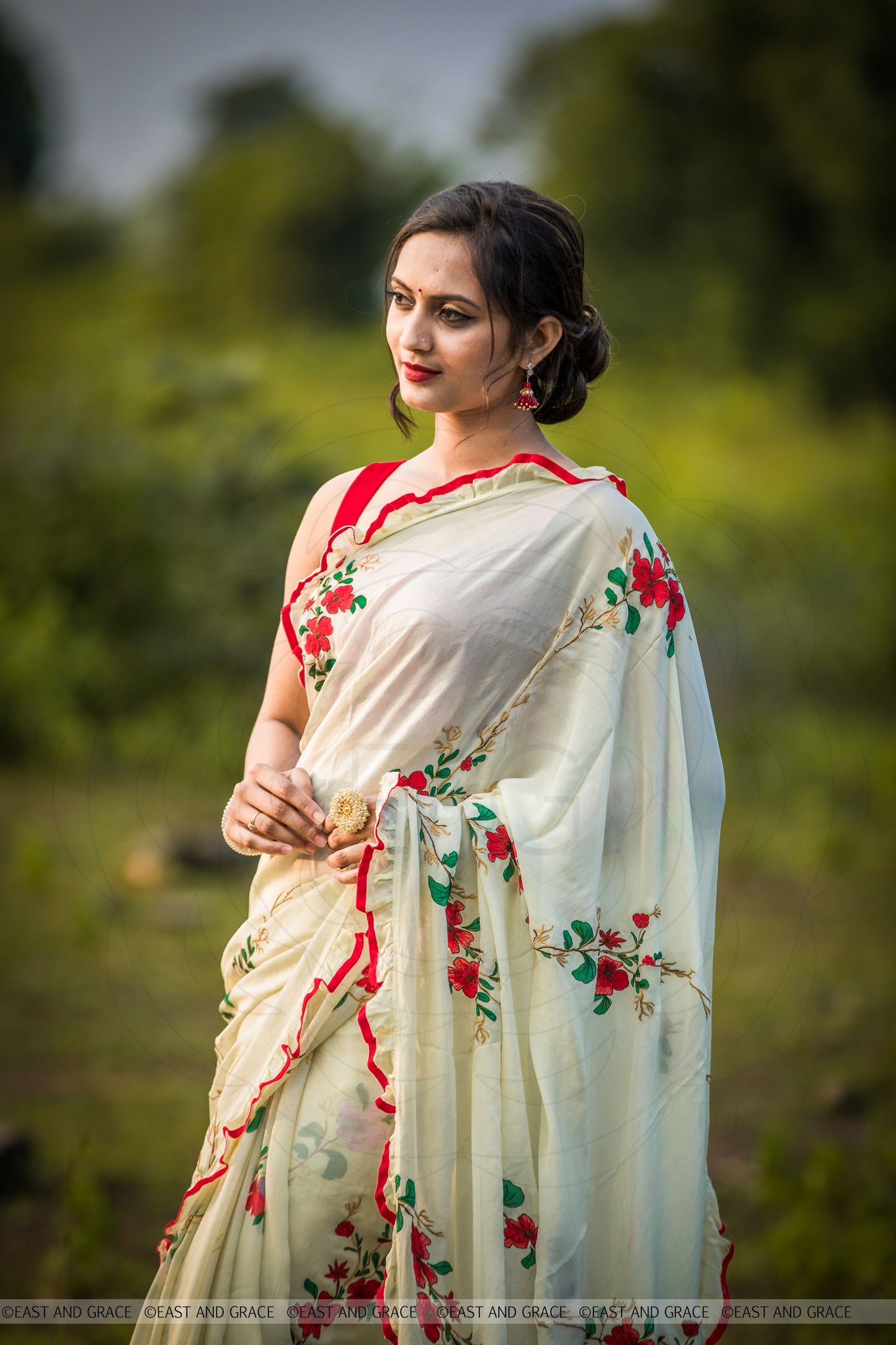 Rosa Pure Flat Silk-Chiffon Hand Embroidered and Printed Saree