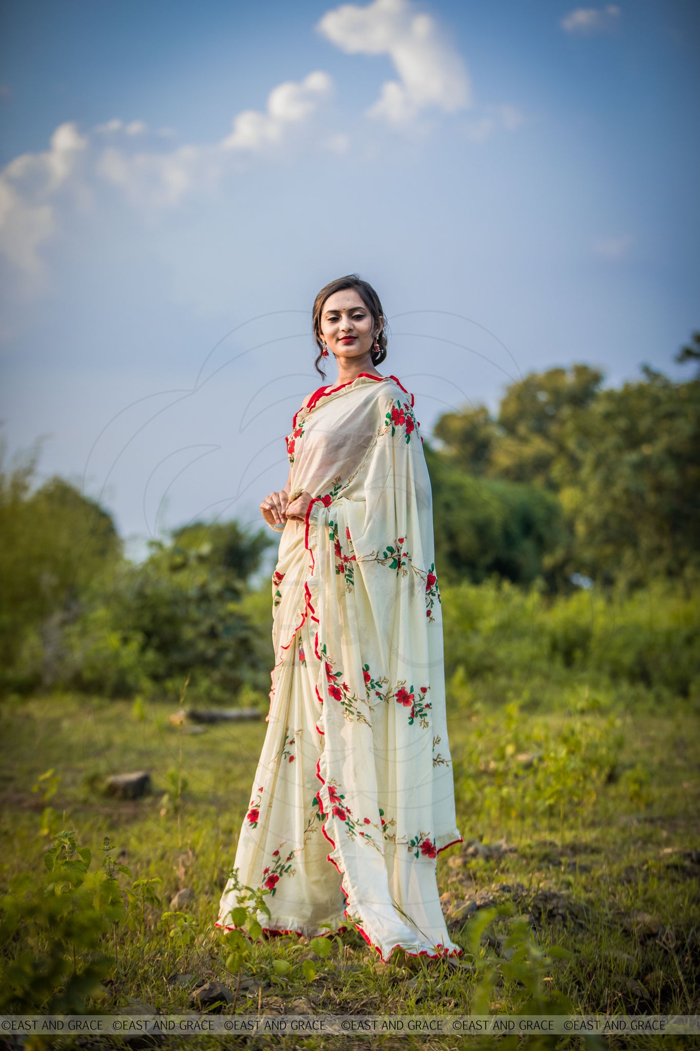 Rosa Pure Flat Silk-Chiffon Hand Embroidered and Printed Saree