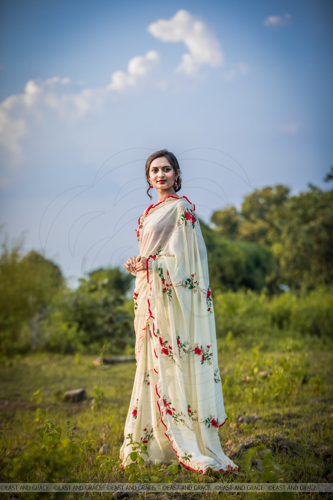 Rosa Pure Flat Silk-Chiffon Hand Embroidered and Printed Saree