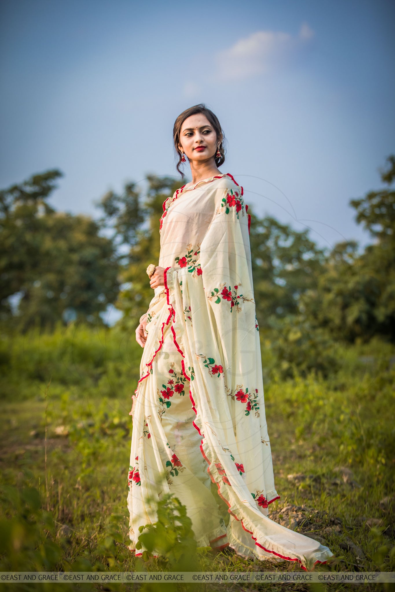 Rosa Pure Flat Silk-Chiffon Hand Embroidered and Printed Saree