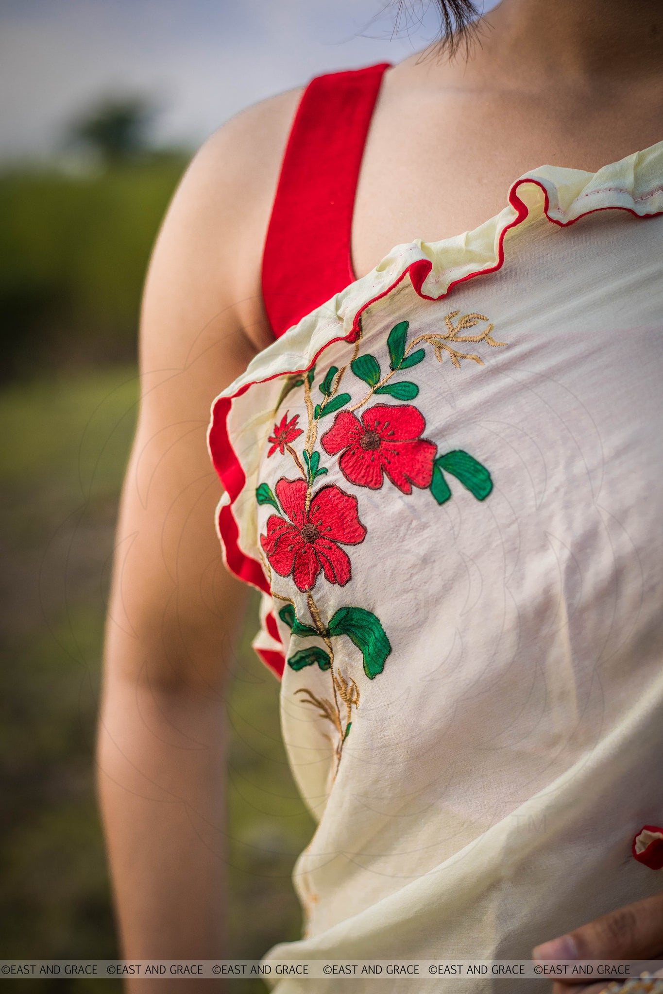 Rosa Pure Flat Silk-Chiffon Hand Embroidered and Printed Saree