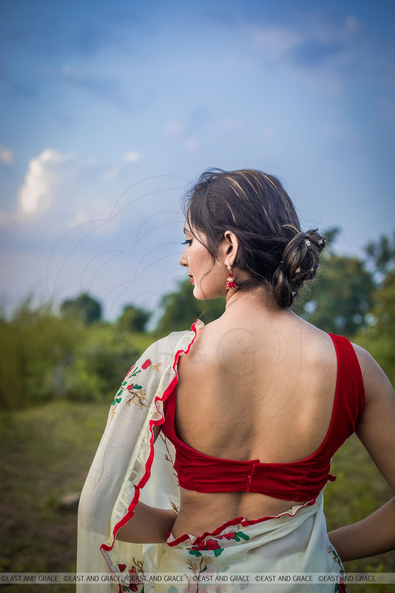 Rosa Pure Flat Silk-Chiffon Hand Embroidered and Printed Saree