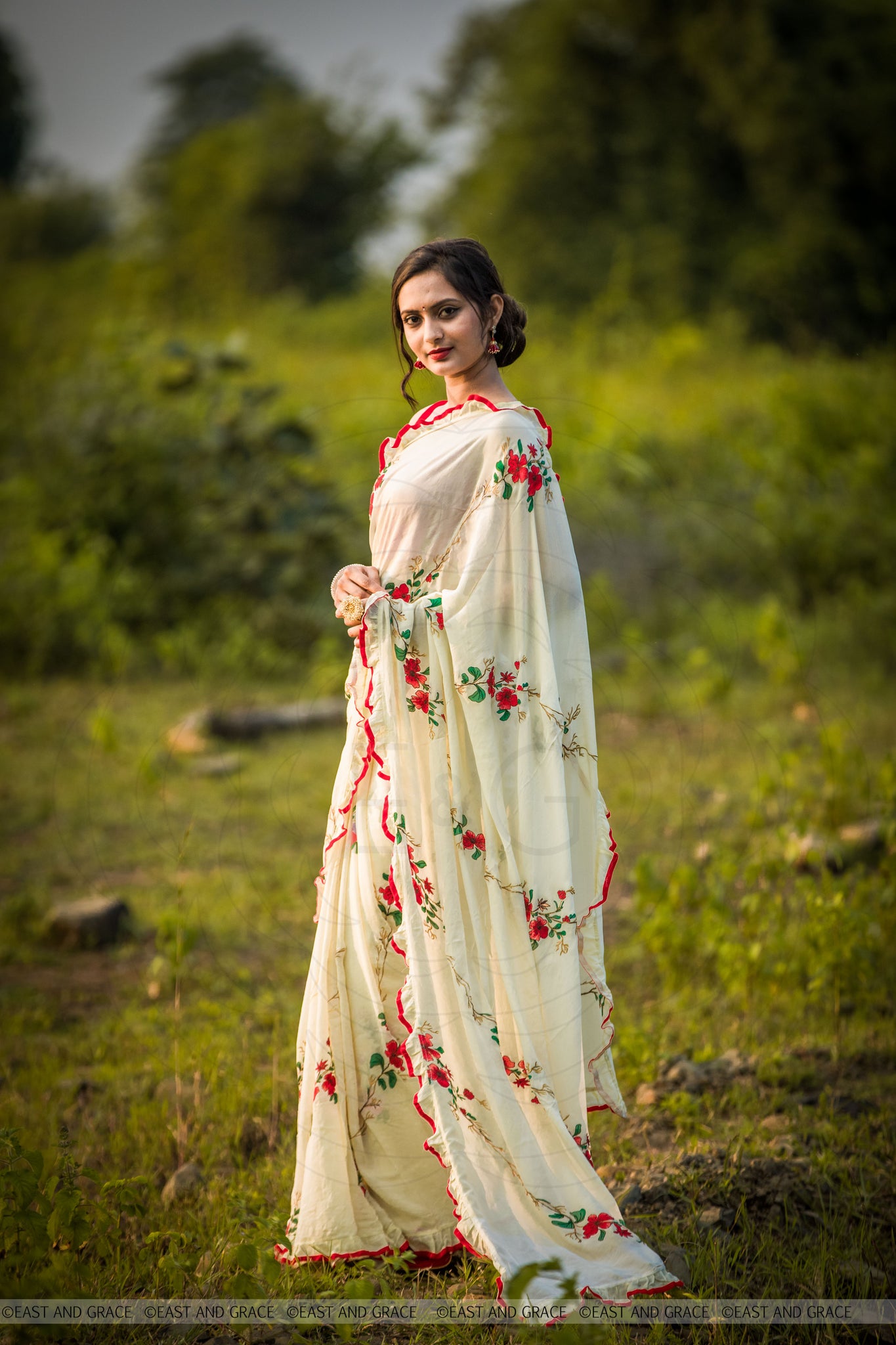 Rosa Pure Flat Silk-Chiffon Hand Embroidered and Printed Saree