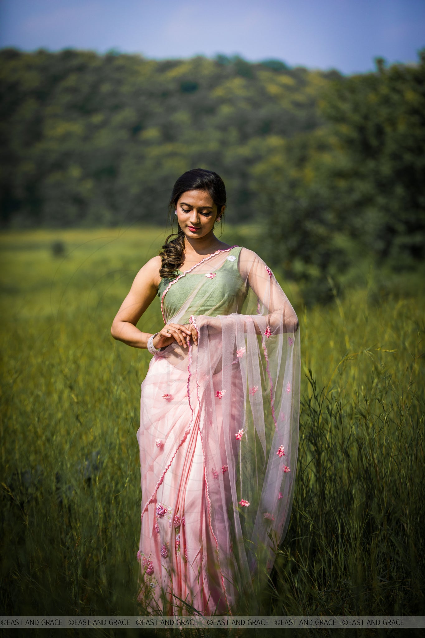 Angela Floss Pink Pure Silk-Crepe & Net Hand-Embroidered Ribbon Work Saree