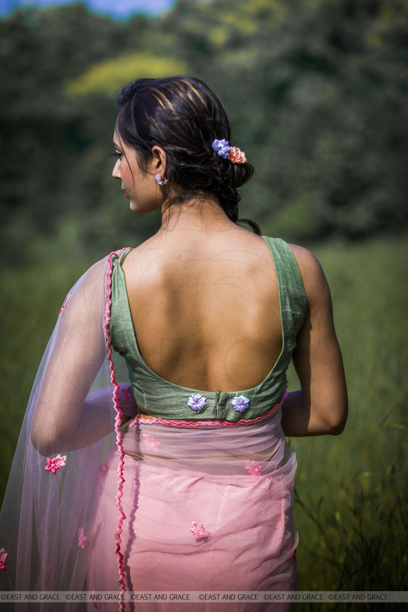 Angela Floss Pink Pure Silk-Crepe & Net Hand-Embroidered Ribbon Work Saree