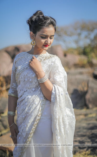 Juhi White Organza Embroidered Saree – EAST & GRACE