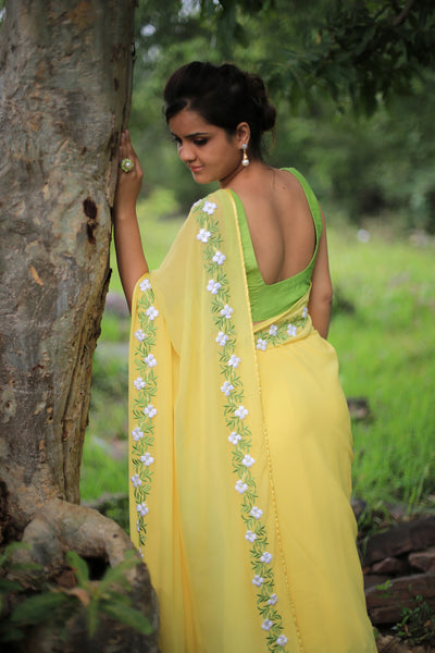 Pastel Yellow Pure Georgette Buttercup Ribbon-work Saree – EAST & GRACE