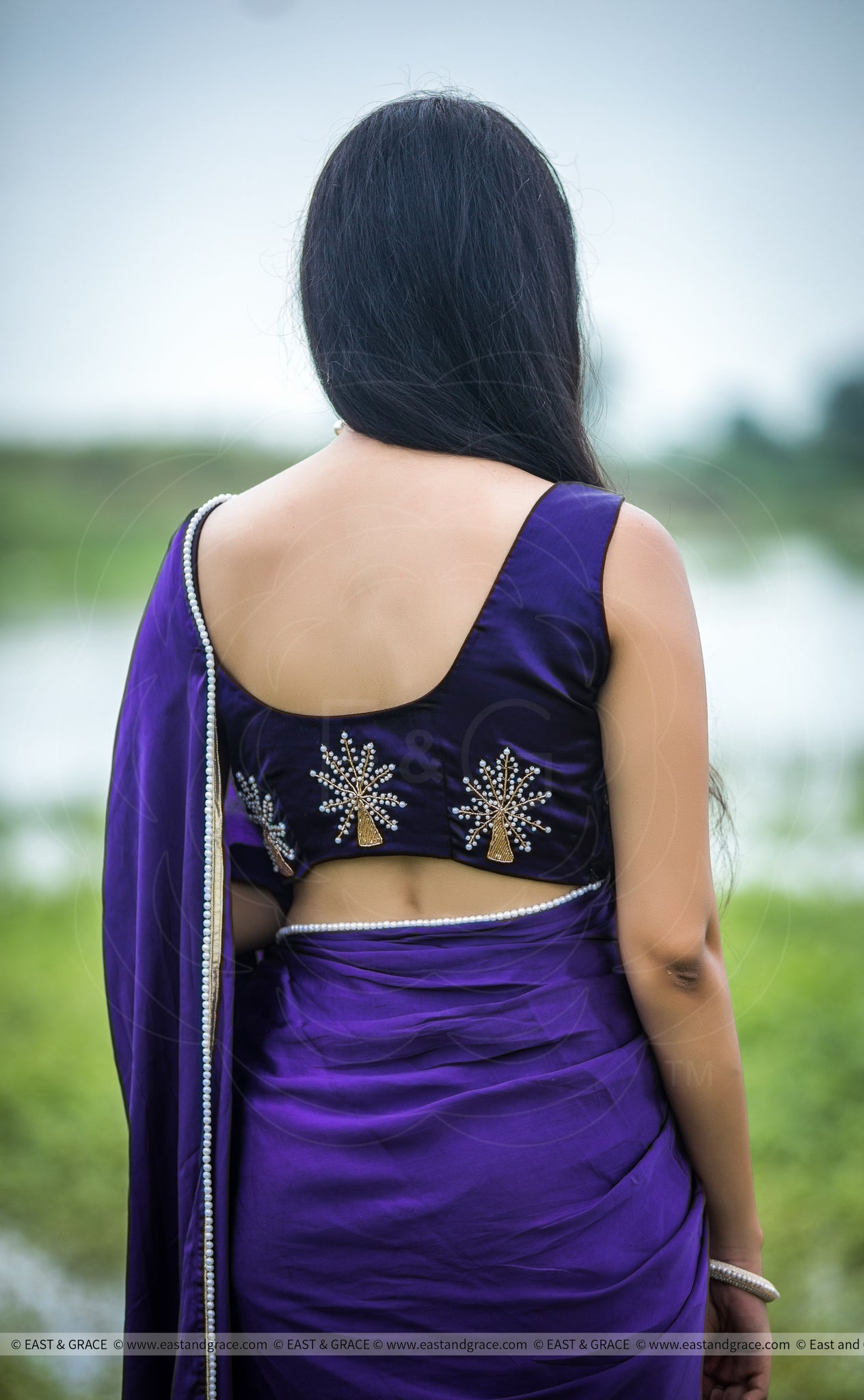 Purple Royale Satin Embroidered Saree East And Grace 