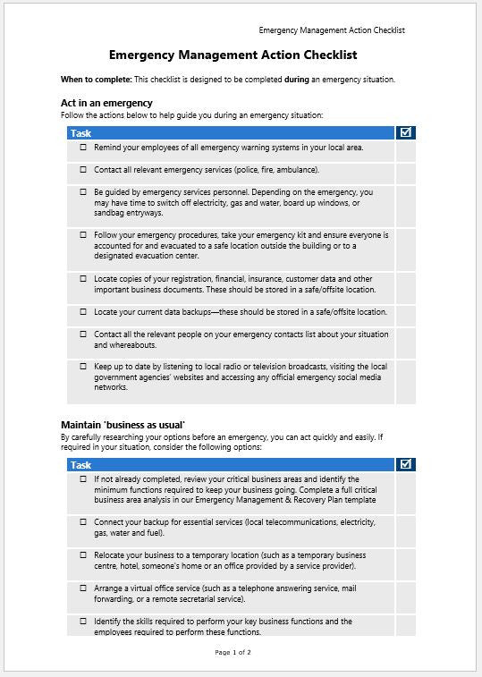 Business Emergency Preparedness Plan Template