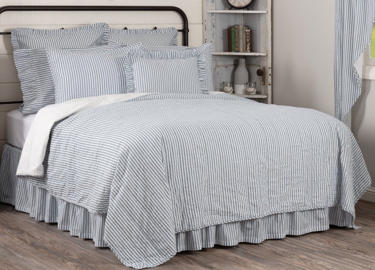 Sawyer Mill Blue Ticking Stripe Twin Quilt Coverlet 68wx86l