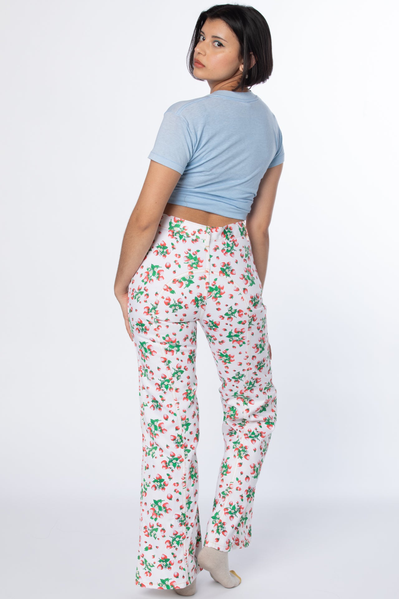 printed denim pants