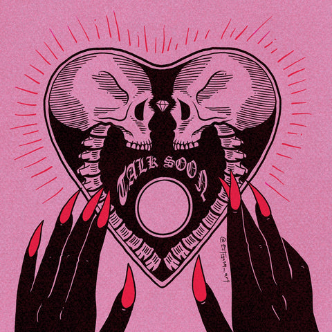 A pink and black illustration of witchy hands holding a planchette that says, "Talk Soon". Drawn by Ectogasm.